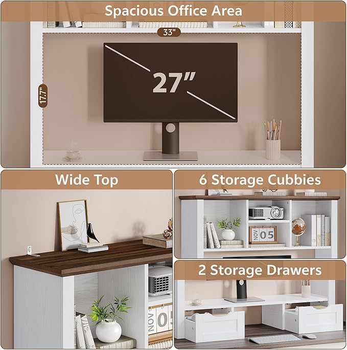 Desktop Bookshelf with Computer Monitor Stand, 37.4''W Desk Shelf Display Rack, Desktop Organizer Storage Rack with 4 Cubbies and 2 Drawers, 5-Tier Desk Hutch for Home, Office, Dorm, Vanity