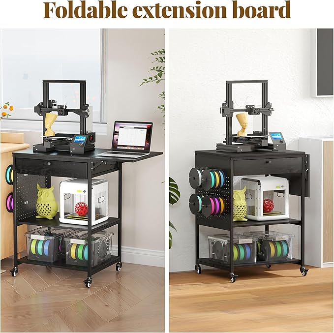 3D Printer Stand with 40pcs Filament Storage,4 Tier 3D Printer Table Printer Stand with Wheels, Heavy Duty Filament Storage Rack with Drawers and Spool Hooks for Studio, Home Office