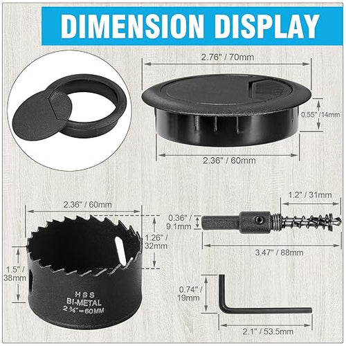 2-3/8" Spring Desk Grommet, JTemgle Plastic Cable Hole Cover with Hole Saw Computer Table Cord Wire Organizer Caps Desktop Cord Management for Home Office TV Stands Tabletops - Black, 13 Pcs