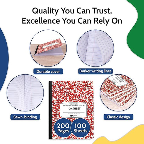 4 Pack EPI Wide Ruled Red Cover Composition Notebook, Bulk, 200 pages (100 Sheets), 9-3/4 x 7-1/2, Marble, Bulk School Supplies, Hard Cover, Durable, Office Notebooks, Sturdy Sewn Binding