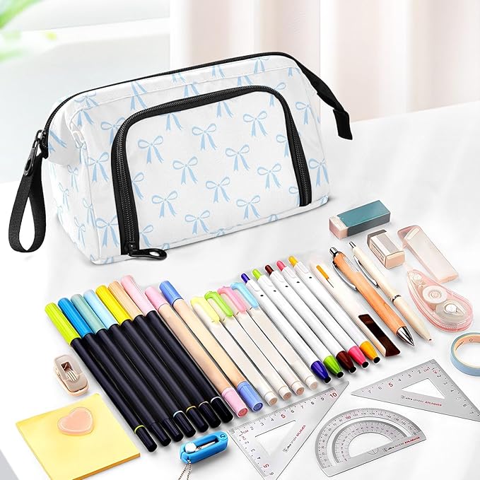 Bow White Pencil Case Pouch Big Capacity Pencil Bag Box Organizer Pen Case with Compartmens Stationery Organizer for Girls Boys Adults Women School Office