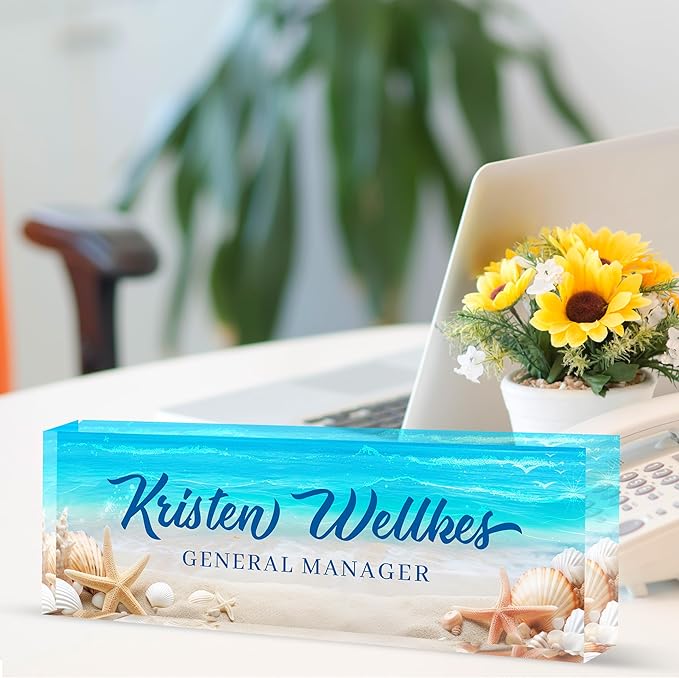Personalized Office Name Plate, Custom Name Plate for Desks, Office Desk Decorations Gift for Women Men, Acrylic Desk Name Plate for Teacher Coworkers Staff Boss (Beach Date)
