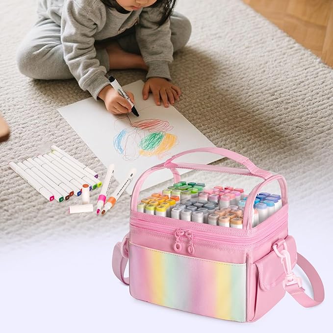 Marker Organizer Case for up to 72 Markers, Marker Storage Bag with Detachable Divider and 3 Extra Pockets, PVC Top Easy Find Your Need, Handle and Shoulder Strap, Pink (Case Only)