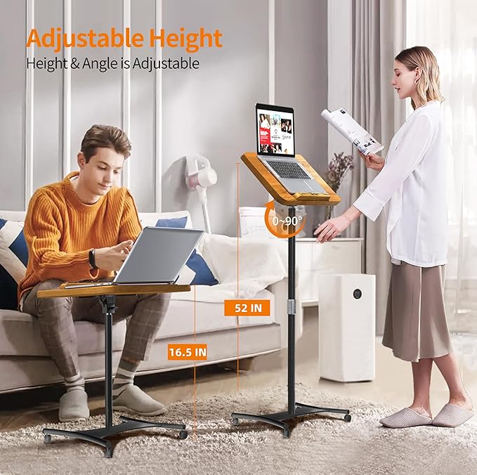 NAMON Rolling 2-in-1 Dual-use Music Stand & Desktop Book Stand, 100% Solid Wood, Height Adjustable from 16.5" to 51", with 4 Lockable Casters & Page Clips (with Large Panel: 16.5 * 11.8IN)