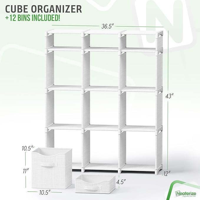 12 Cube Closet Organizers And Storage | Includes All Storage Cube Bins | Easy To Assemble Closet Storage Unit With Drawers | Room Organizer For Clothes, Baby Bedroom, Playroom, Dorm (White-Grey)