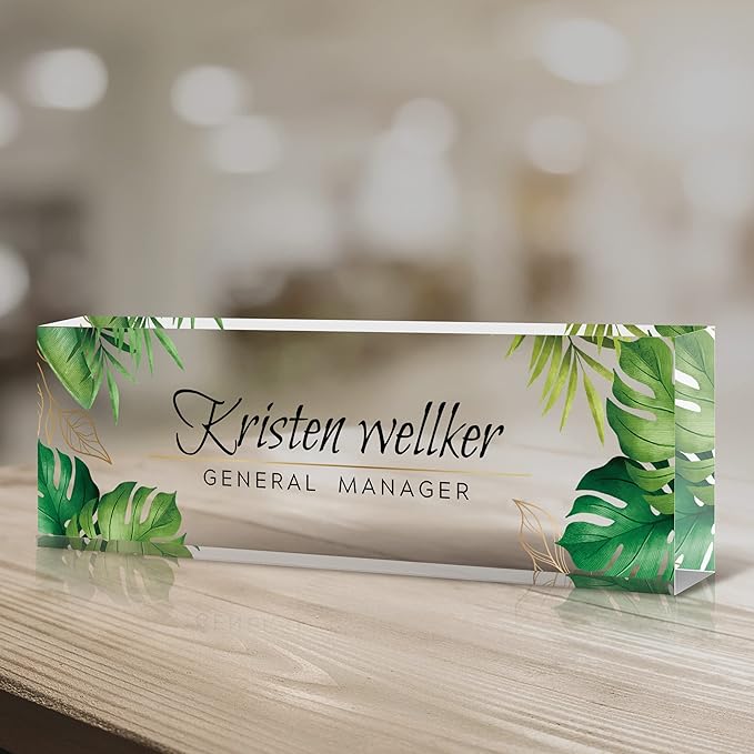 Premium Green Monstera Personalized Acrylic Name Plate - Desk Decor for Women or Men, Boss, Employee, Teacher