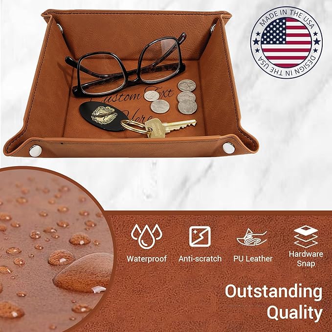 Personalized Valet Trays, Custom Engraved Leather Keys Tray for Men - Catchall Tray Organizer for Entryway Table, Unique Dad Birthday Gift from Daughter Son, Father Day (Custom Text)