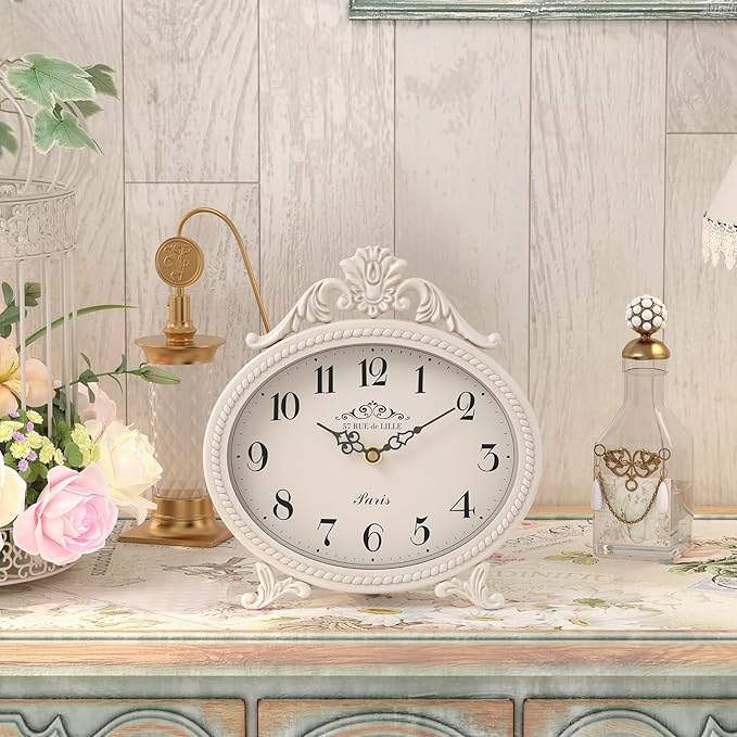 Abdurey Vintage Table Clock on Stand,Desk and Shelf Decorative Clock,French Rustic Style Mantel Clocks,Metal Frame Antique White Finish,Farmhouse,Bedroom, Bedside,Living Room,Gift Clocks