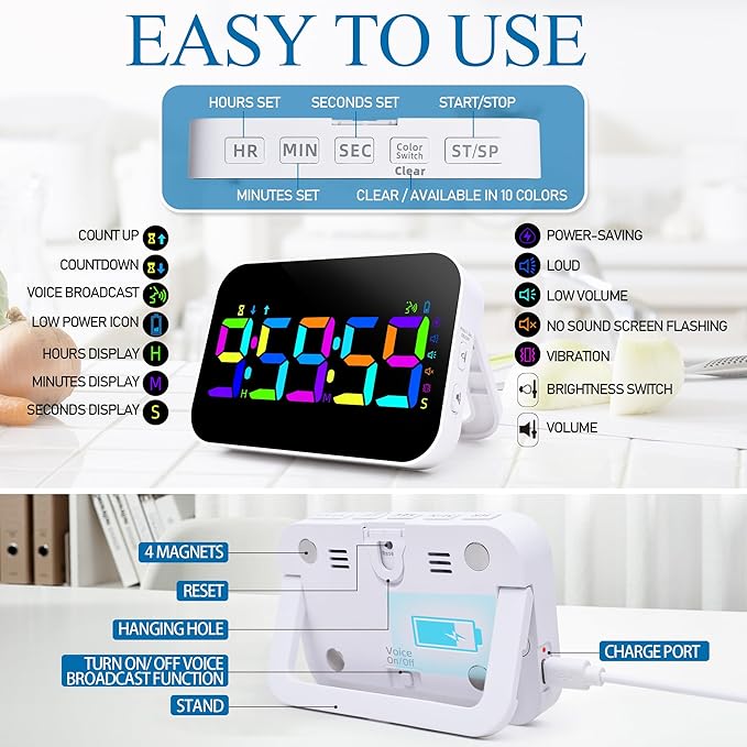 Kitchen LED Digital Timer Rechargeable, RGB Count Down Up Digital Timer with Vioce Reminder for Kitchen Classroom Cooking Study, Vibration Mode 3 Level Adjustable Volume and Brightness