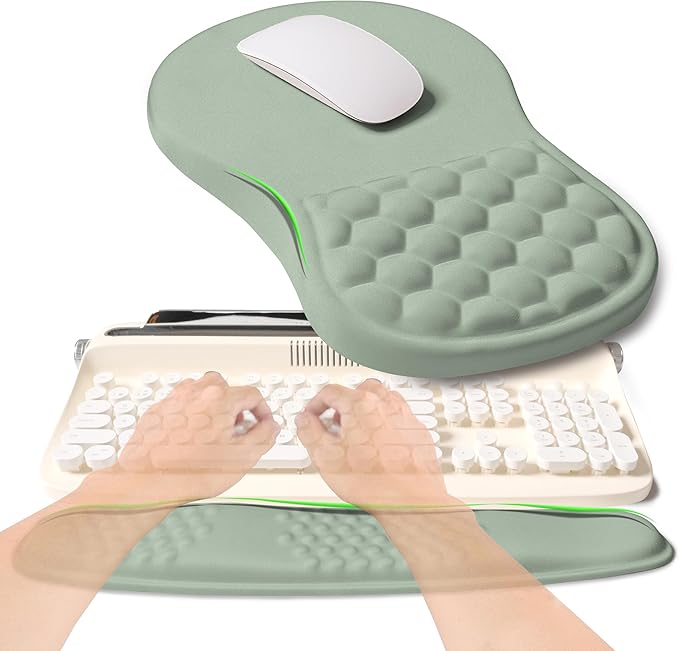 2-in-1 Ergonomic Set, Wave Rise Keyboard Wrist Rest and Massage Bulge Slope Mouse Pad Wrist Support, Cushion Memory Foam Integrated to Relieve Wrist Pain, Light Green