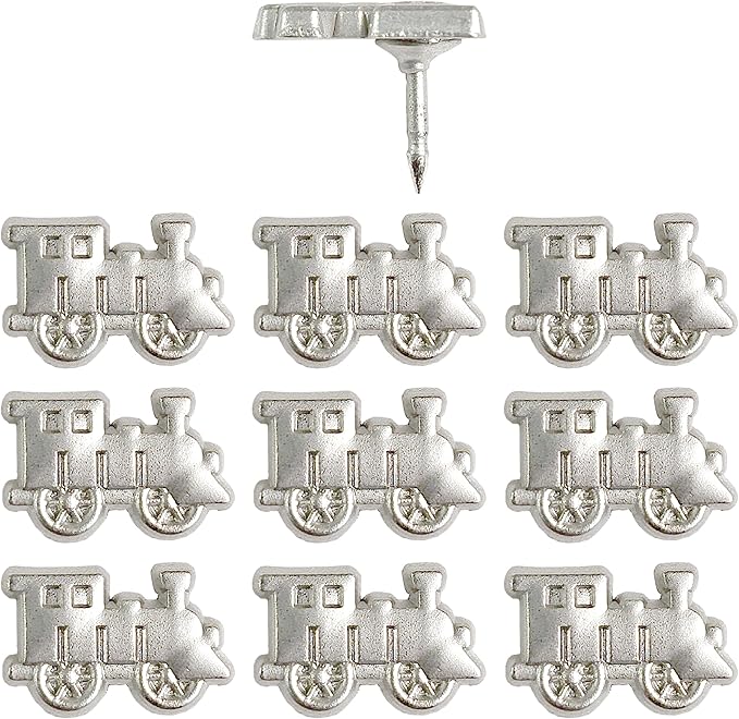 Train Push Pins - Silver Metal Train Pins - for Cork Board, Maps, or Lapel Pin Use - Designed in USA - Set of 10