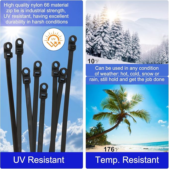 120 PCS 15 Inch Plastic Zip Ties with Screw Holes, Heavy Duty Mountable Cable Ties, UV Resistant Electrical Zip Ties for Indoor & Outdoor (Black)