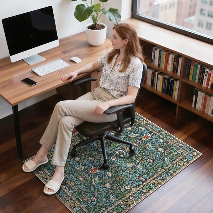 Anidaroel 36"x48" Office Chair Mat for Hardwood Floor/Tile Floor, Vintage Desk Rug for Office, Anti-Slip Office Rugs for Rolling Chairs, Low Pile Offices Chair Rug,Navy Blue Floral Bird