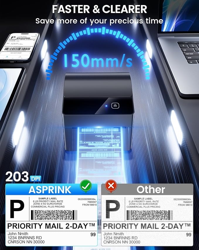 ASprink Bluetooth Shipping Label Printer 4x6, 2025 Upgraded Thermal Label Printer with Built-in Paper Bin, Thermal Printers for Small Business & Shipping Packages, Compatible with Amazon, Tiktok, USPS
