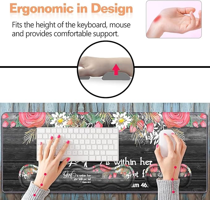 Ergonomic Keyboard Wrist Rest & Mouse Pad Wrist Rest Set,Large XXL Gaming Desk Mat 31.5"x 11.8",Non-Slip Base, Memory Foam,Easy Typing Pain Relief for Office & Home,Floral Quote Bible Verse Psalm 46:5