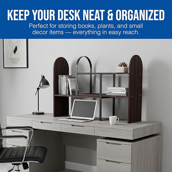 Maplefield Desk Hutch Expandable Shelf Organizer, Walnut Finish, Engineered Wood Desktop Storage Rack for Office, Dorm, or Home – Adjustable Over Desk Bookshelf for Supplies, Decor & Accessories