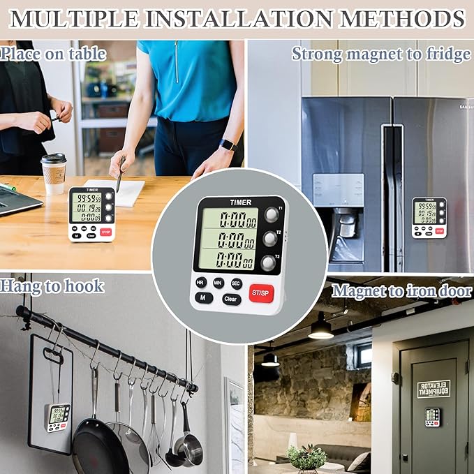 Digital 3 Channels Kitchen Cooking Multiple Timer with Large LCD Count Up Down Stopwatch ON Off Switch Timer for Teaching Reading 3-Level Adjustable Volume with Magnetic Back (Style C)