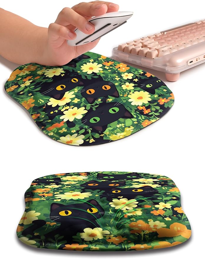 Hokafenle Ergonomic Wrist-Hugging Mouse Pad Wrist Support, U-Shaped Holding Wrist Rest Mousepad for Carpal Tunnel Pain Relief with Cushioned Memory Foam Slope Massage Bulge(10.2x8.3 in,Big Eyed Cat)