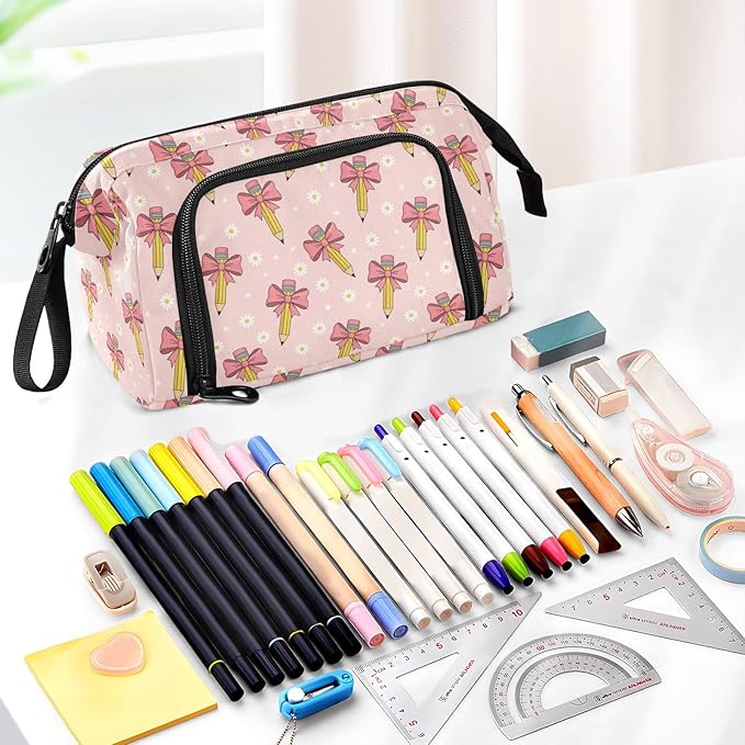 Ribbon Bow Pen Pencil Case Pouch Big Capacity Pencil Bag Box Organizer Pen Case Pencil Pouch Aesthetic with Handle for Teen Girls Boy College Women School