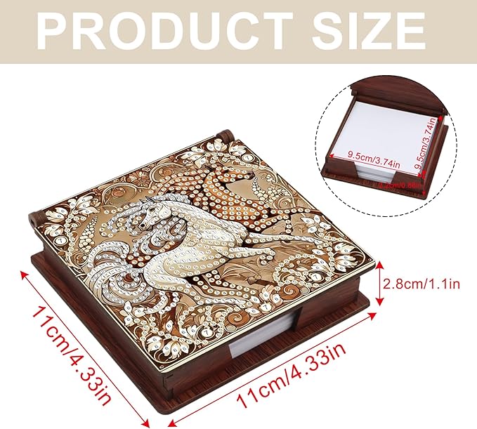 Wooden DIY Horse Diamond Art Notecard Box – DIY Gem Art Sticky Note Holder for Adults 160 Sheets Memo Pad Storage Desk