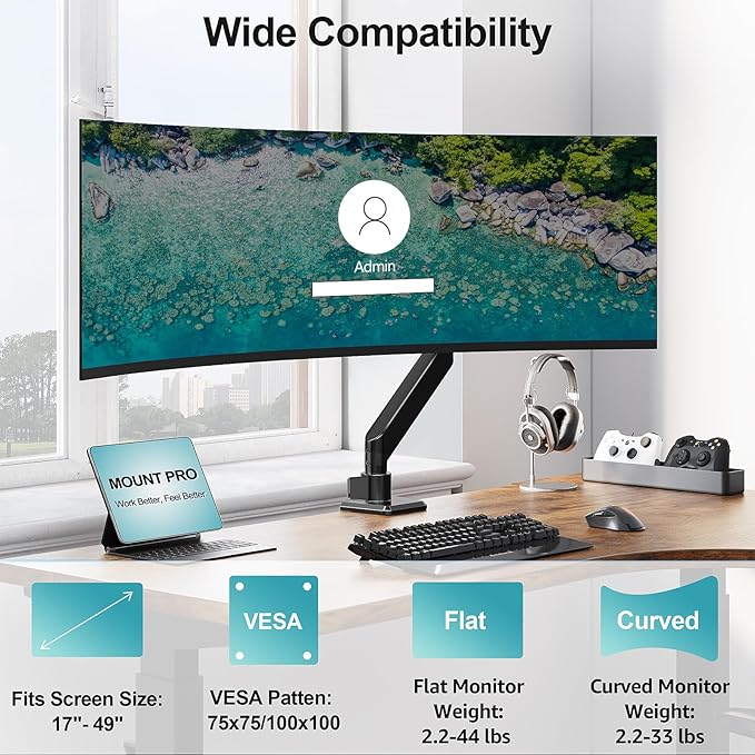 MOUNT PRO Heavy Duty Monitor Arm for 49 inch Ultrawide Screen up to 44 lbs, Single Desk Computer Mount Curved Monitor Stand for Samsung Odyssey G9, Adjustable Gas Spring VESA Mount 75x75 100x100