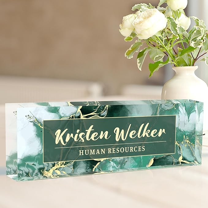 Personalized Name Plate for Desk Custom Acrylic Desk Name Plate Custom Employee Appreciation Gifts Office Gifts for Women, Men, Boss, Coworkers, Teacher, Nurse (Green Phnom Penh Marble)