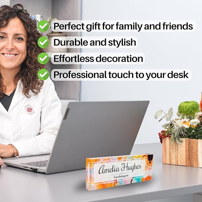 Customized Clear Acrylic Thick 8x3" Acrylic Black - Desk Name Plate Block with Personalized Logo - Professional Office Decor - Customized Acrylic Plate Gift for Teacher Co-workers (Orange Paint)