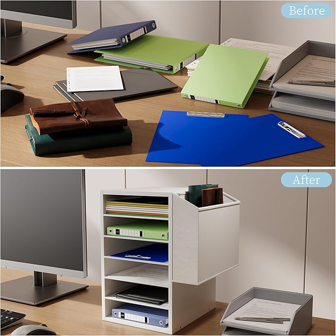 6 Tier Adjustable Countertop Mail Sorter, Mailboxes With Name Slots, Literature Organization Paper Storage Slot, Office Desk File Organizer, Wooden Desktop Mailbox for Classroom, White