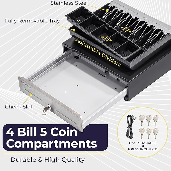 Volcora 13" Cash Register Drawer for Point of Sale (POS) System - Black with Stainless Steel Front - Fully Removable 2 Tier Cash Tray, 4 Bill/5 Coin, 24V, RJ11/RJ12 Key-Lock, Double Media Slot
