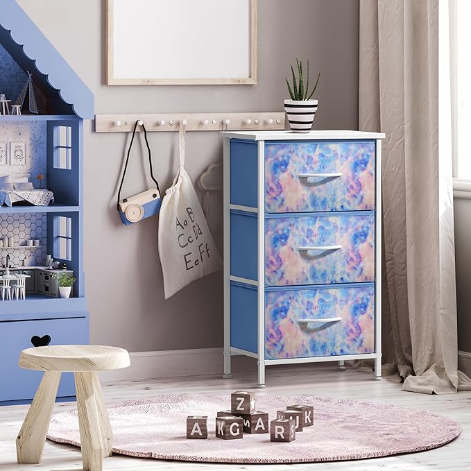Sorbus Nightstand with 3 Drawers - Bedside Furniture & Accent End Table Chest for Home, Bedroom, Office, College Dorm, Steel Frame, Wood Top, Easy Pull Fabric Bins (3-Drawer, Pastel Tie-dye)