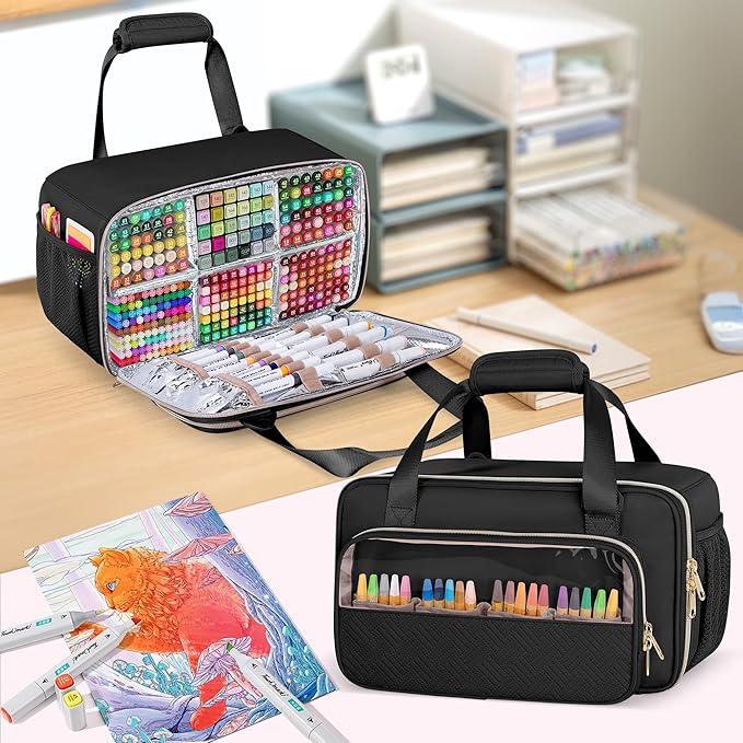 Marker Organizer Case Holding up to 216 Markers, Marker Storage Carrying Bag, Large Marker Holder with Shoulder Strap, Black