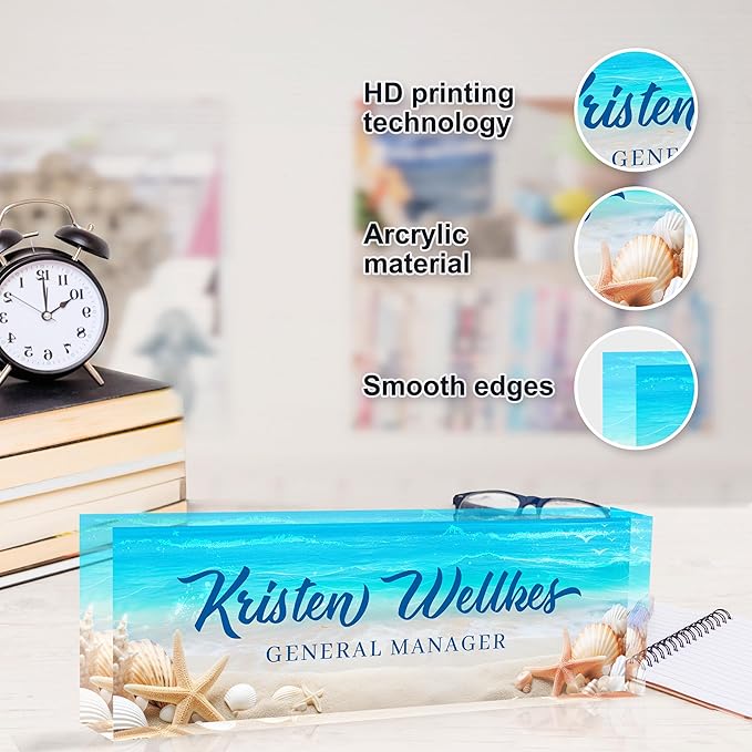 Personalized Office Name Plate, Custom Name Plate for Desks, Office Desk Decorations Gift for Women Men, Acrylic Desk Name Plate for Teacher Coworkers Staff Boss (Beach Date)