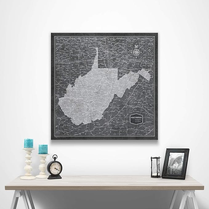 Conquest Maps Push Pin West Virginia Map Board - With Push Pins to Mark West Virginia Travel - Handmade in Ohio, USA - Design: Modern Slate