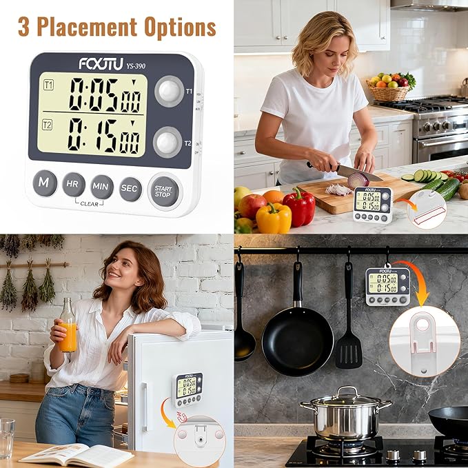 Digital Dual Kitchen Timer with Magnetic Back & Memory Presets, 2 Groups Countdown/Up Stopwatch Timer, 3-Level Volume + LED Alert, On/Off, 100Hr Max for Cooking, Baking (Battery Included)