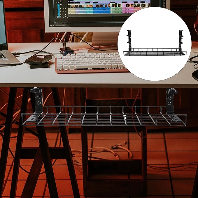 Under Desk Cable Management Tray, Cable Storage Rack Wire Cord Organizer, No-Drill Black 500Mm Holder for Office Desk Power Strip Organization