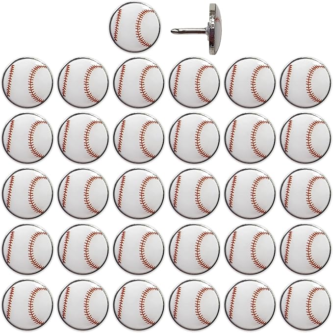 Baseball Push Pins, for Cork Board, Maps, or Lapel Pin Use, Designed in The USA, Baseball Pins, Set of 32