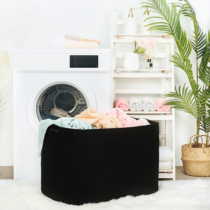 MINTWOOD Design 112L Extra Large Blanket Basket Holder Living Room, 25"x17"x16" Rectangle Rope Woven Storage Basket with Handles for Laundry, Pool Towels, Shoes, Dog Toy Organizer Bin Box, Black