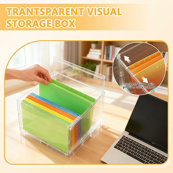 File Organizer Box with Lid,Hanging Filing Folder Organizer for Document Storage with Plastic Slide,Letter-size File Holder Filing Box for Office/Home/Decor/（3Pack）