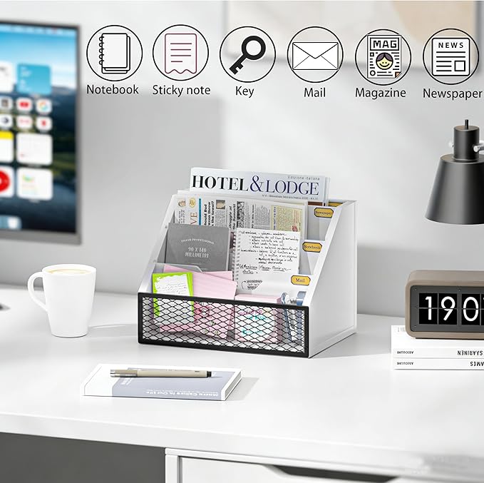 Mail Organizer Countertop,Wooden Mail Holder,4 Slot Letter Holder for Desktop,Vintage Desk Orgaizer for Fill,Bill (White)