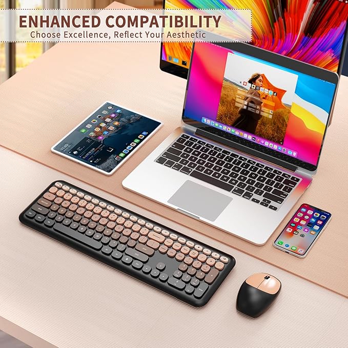 HotFox Wireless Keyboard and Mouse Combo, Full-Size Retro Typewriter Keyboard with Round Keycaps, Ergonomic Design for Windows PC, Home and Office Use -Red