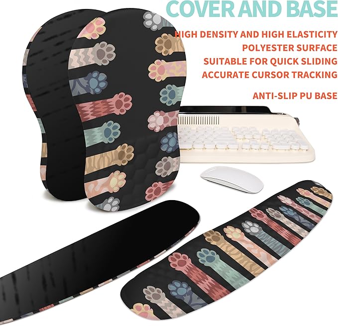 2-in-1 Ergonomic Set, Wave Rise Keyboard Wrist Rest and Massage Bulge Slope Mouse Pad Wrist Support, Cushion Memory Foam Integrated to Relieve Wrist Pain, Multicolour Cat Claws