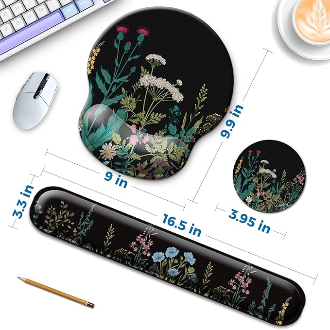 Mouse Pad and Keyboard Wrist Rest Support, with Non-Slip PU Base,Gel Mouse Pad with Coaster,Pain Relief for Gaming, Computer,Office -Flowers