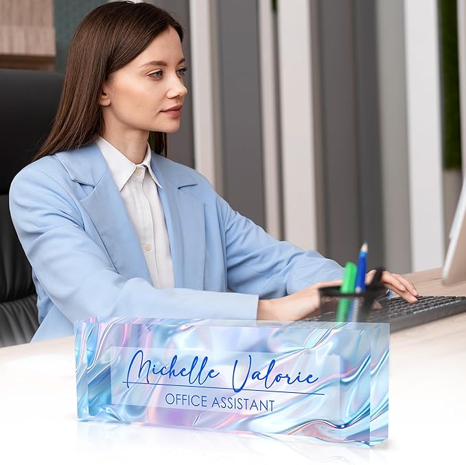 Personalized Office Name Plate, Custom Name Plate for Desks, Office Desk Decorations Gift for Women Men, Acrylic Desk Name Plate for Teacher Coworkers Staff Boss (Laser Ripple)