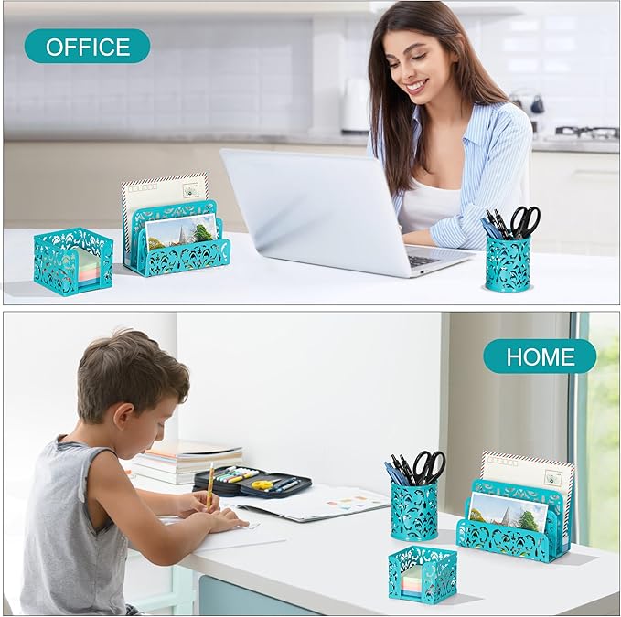 EasyPAG Desk Organizers and Accessories 3 Pieces Office Organizer Set - Pen Holder for Desk, Mail Sorter Countertop and Sticky Note Holder, Dark Teal