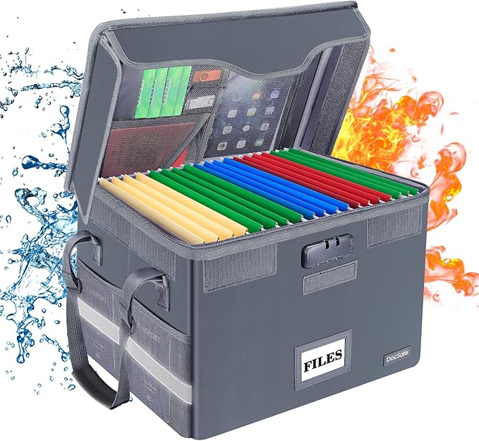 DocSafe Fireproof Document Box with Lock,File Storage Organizer with Zipper Pockets,Collapsible Portable File Box Home Office Safe Filing Cabinet with Handle for Hanging Letter/Legal Folders,Gray