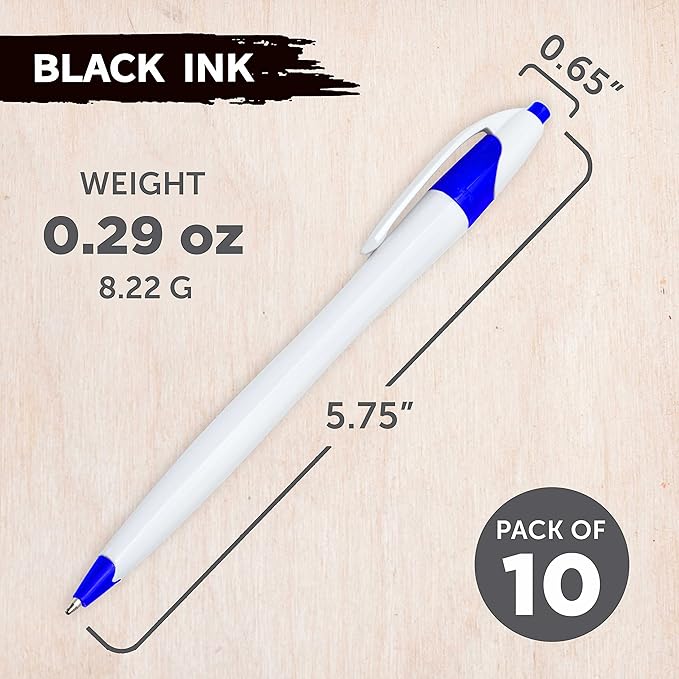 DISCOUNT PROMOS Slim Curvy Ballpoint Pens Set of 10, Bulk Pack - Black Ink, Retractable, Great for Office, School, Tradeshows - Blue Black