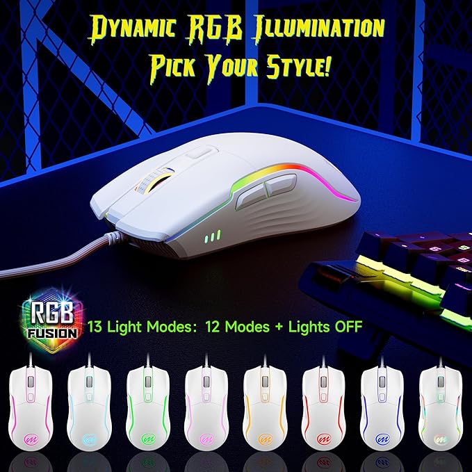 memzuoix Wired Gaming Mouse with RGB - 6 Adjustable DPI up to 12800, 6 Buttons, 12 Lighting Modes, Ergonomic Design with Anti-Slip Rubber Wheel, 5.6ft Braided Cable for PC/Mac/Windows - White
