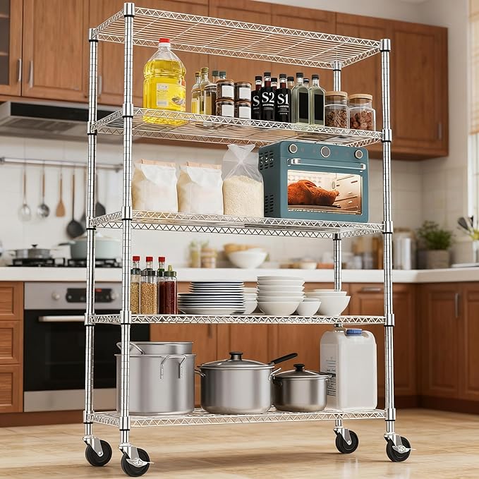 5 Tiers Shelf 1750 lbs Steel Storage Shelving Utility Shelving Unit Steel Organizer Wire Rack for Home,Kitchen,Office,Garage Chrome 17.7" D x 47.2" W x 76.8" H