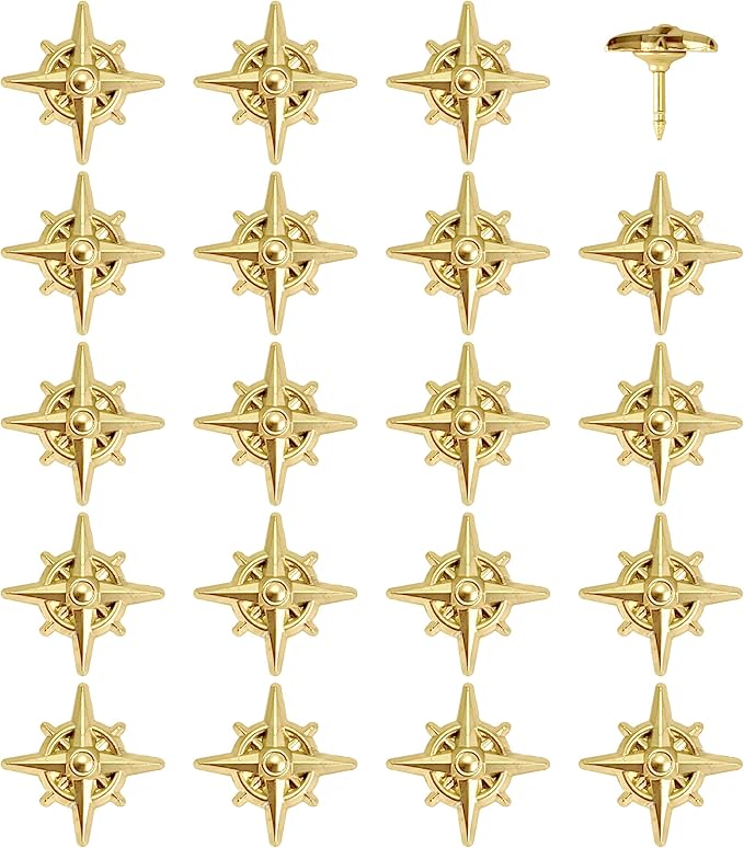 Compass Push Pins - Gold Metal Compass Rose Pins - for Cork Board, Maps, or Lapel Pin Use - Designed in USA - Set of 20