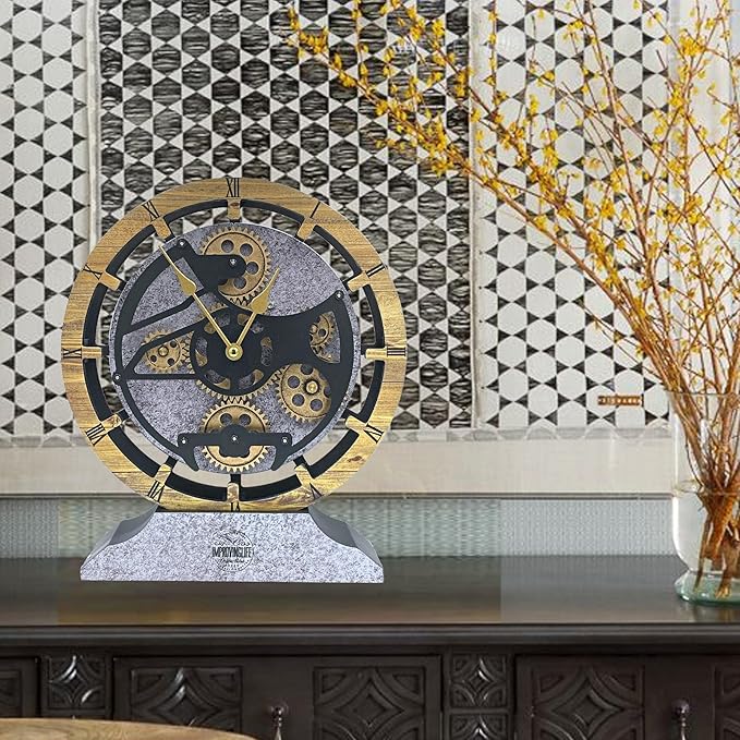 Desk Clock 10 inches with Real Moving Gears Convertible into Wall Clock (Brown and Grey)